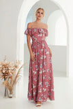 Coral Off the Shoulder A Line Floral Bridesmaid Dress with Slit