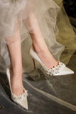 Elegant White Pointed Toe Bridal Shoes with Applique