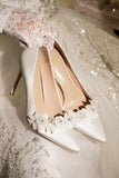 Elegant White Pointed Toe Bridal Shoes with Applique