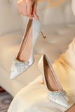 White Pointed Toe High Heel Bridal Shoes with Beading