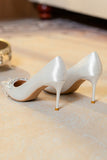 White Pointed Toe High Heel Bridal Shoes with Beading