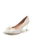 White Lace Pointed Toe Stiletto Bridal Shoes with Pearl