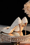 White Lace Pointed Toe Stiletto Bridal Shoes with Pearl