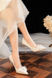 White Lace Pointed Toe Stiletto Bridal Shoes with Pearl