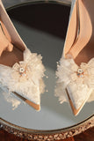 White Lace Pointed Toe Stiletto Bridal Shoes with Pearl