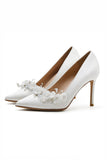 White Pointed Toe Stiletto Bridal Shoes with Flowers