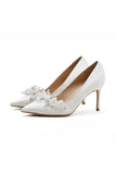 White Pointed Toe Stiletto Bridal Shoes with Flowers