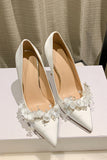 White Pointed Toe Stiletto Bridal Shoes with Flowers