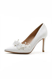 White Pointed Toe Stiletto Bridal Shoes with Flowers