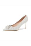 Stylish White Pointed Toe Lace Stiletto Bridal Shoes with Rhinestone