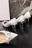 Stylish White Pointed Toe Lace Stiletto Bridal Shoes with Rhinestone