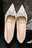 Stylish White Pointed Toe Lace Stiletto Bridal Shoes with Rhinestone