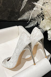 Stylish White Pointed Toe Lace Stiletto Bridal Shoes with Rhinestone