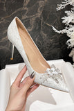 Stylish White Pointed Toe Lace Stiletto Bridal Shoes with Rhinestone