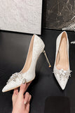 Stylish White Pointed Toe Lace Stiletto Bridal Shoes with Rhinestone