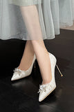 Stylish White Pointed Toe Lace Stiletto Bridal Shoes with Rhinestone