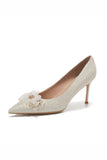 Sparkly White Pointed Toe Stiletto Bridal Shoes with Delicate Flowers