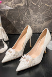 Sparkly White Pointed Toe Stiletto Bridal Shoes with Delicate Flowers