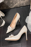 Sparkly White Pointed Toe Stiletto Bridal Shoes with Delicate Flowers