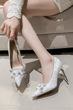 Delicate Lace White Pointed Toe Stiletto Bridal Shoes with Flowers