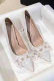 Delicate Lace White Pointed Toe Stiletto Bridal Shoes with Flowers