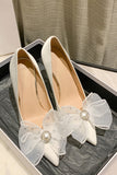 White Pointed Toe Stiletto Bridal Shoes with Bowknot