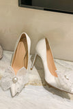 White Pointed Toe Stiletto Bridal Shoes with Bowknot