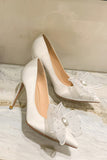 White Pointed Toe Stiletto Bridal Shoes with Bowknot