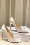 White Pointed Toe Stiletto Bridal Shoes with Bowknot