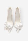 Simple White Pointed Toe Satin Stiletto Bridal Shoes with Bowknot