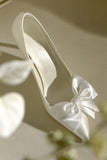 Simple White Pointed Toe Satin Stiletto Bridal Shoes with Bowknot