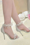 White Open Toe Stiletto High Heels with Rhinestone