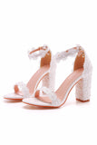 White Open Toe Chunky Heels Bridal Shoes With Applique