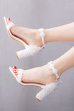 White Open Toe Chunky Heels Bridal Shoes With Applique