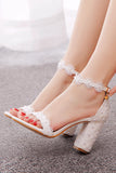 White Open Toe Chunky Heels Bridal Shoes With Applique