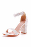 White Open Toe Chunky Heels Bridal Shoes With Applique