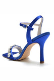 Royal Blue Open Toe Buckle Stiletto High Heels with Rhinestone