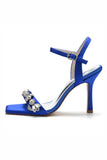 Royal Blue Open Toe Buckle Stiletto High Heels with Rhinestone