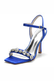 Royal Blue Open Toe Buckle Stiletto High Heels with Rhinestone