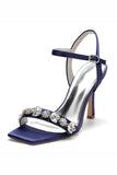 Royal Blue Open Toe Buckle Stiletto High Heels with Rhinestone