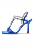 Sleek Royal Blue Open Toe Stiletto High Heels with Rhinestone