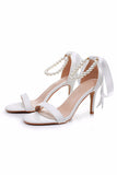 White Open Toe Pearl Stiletto High Heels Bridal Shoes with Bowknot