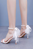 White Open Toe Pearl Stiletto High Heels Bridal Shoes with Bowknot