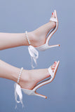 White Open Toe Pearl Stiletto High Heels Bridal Shoes with Bowknot