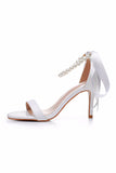 White Open Toe Pearl Stiletto High Heels Bridal Shoes with Bowknot