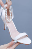 White Open Toe Pearl Stiletto High Heels Bridal Shoes with Bowknot