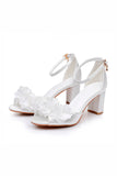 White Open Toe Chunky Heels Bridal Shoes with Flowers