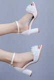 White Open Toe Chunky Heels Bridal Shoes with Flowers