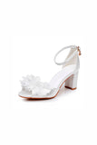 White Open Toe Chunky Heels Bridal Shoes with Flowers