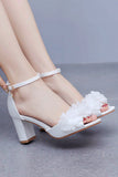 White Open Toe Chunky Heels Bridal Shoes with Flowers